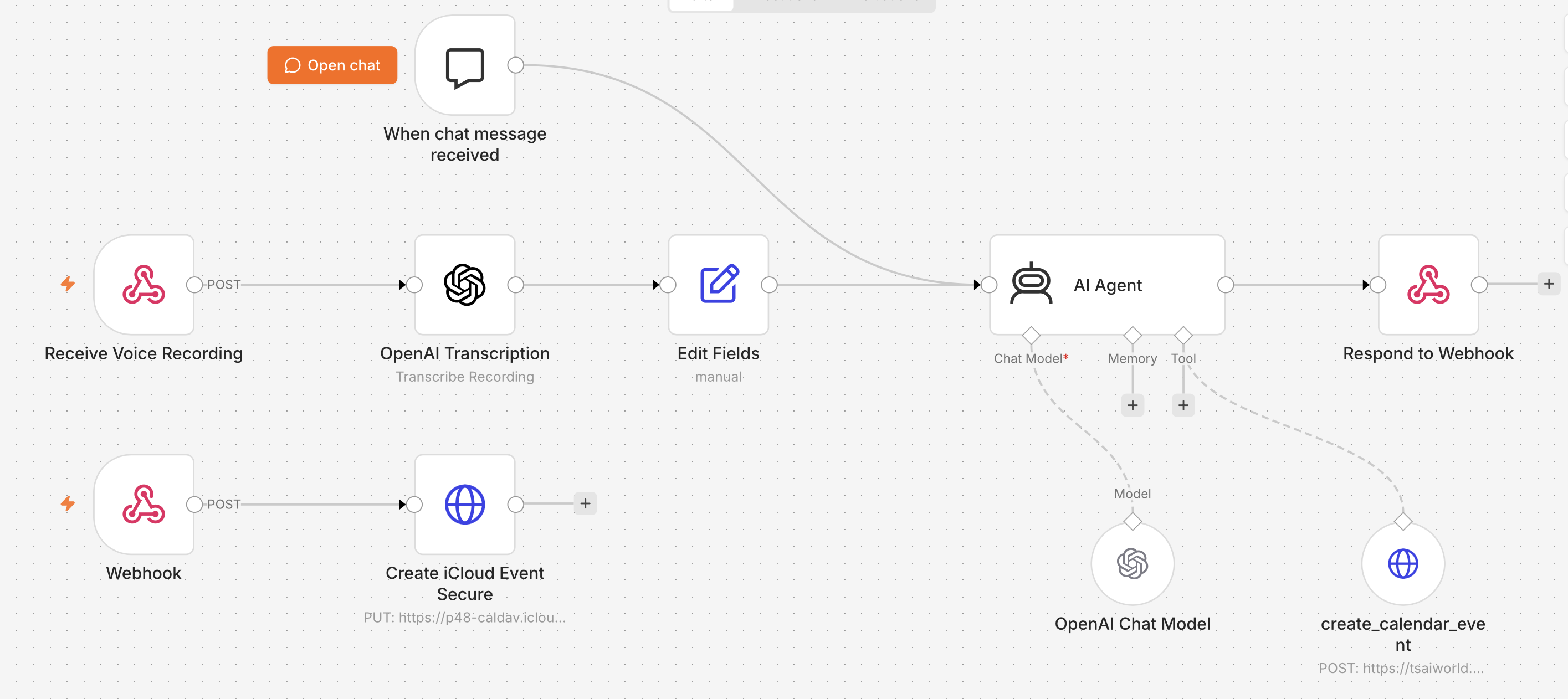 n8n workflow for the Personal AI Assistant, including voice transcription, AI agent routing, and iCloud calendar event creation